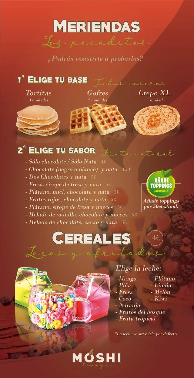 Carta de Meriendas de Moshi Lounge
