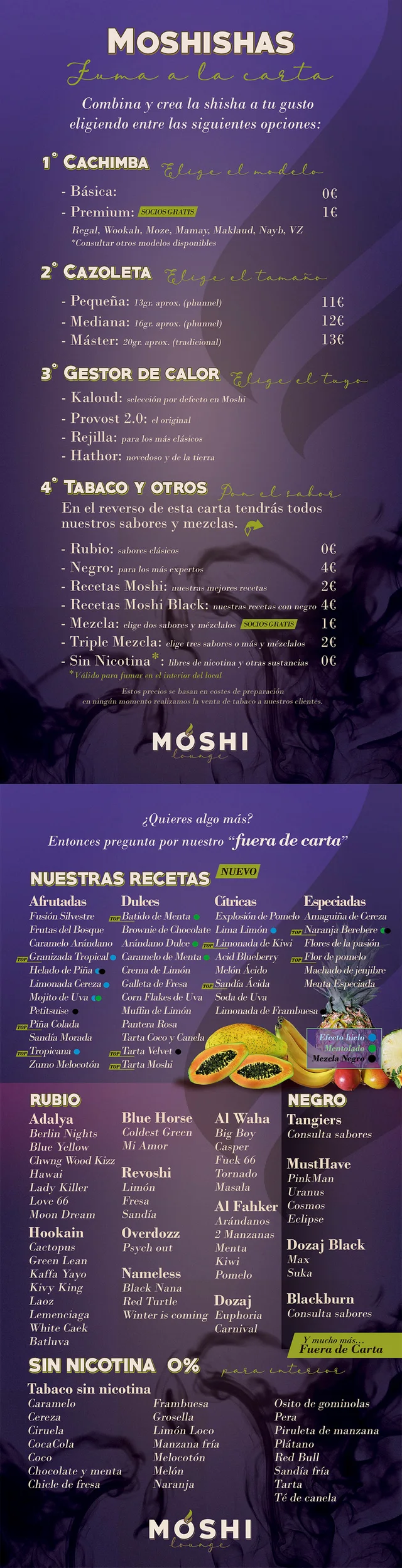 Carta de Shishas de Moshi Lounge